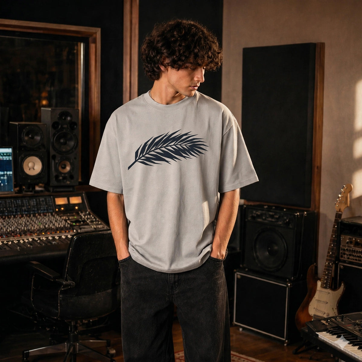 Model wearing the oatmeal Fronda oversized tee with palm frond graphic