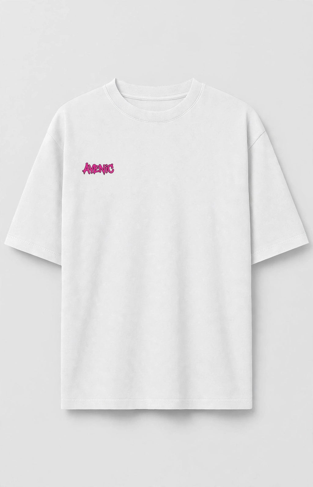 Person viewed from behind wearing white Studio Beast Tee with pink AVENIC Productions logo