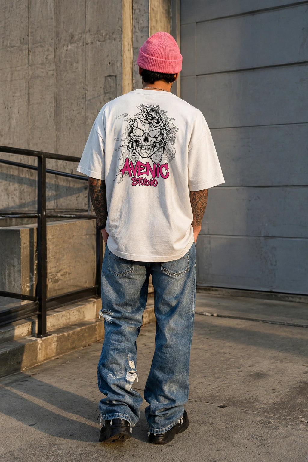 Studio Beast Tee back view with skull and dragon graphic